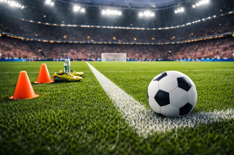 Fudbalska lopta na travi pored bele linije, sa čunjevima, kopačkama i flašom vode u pozadini na osvetljenom stadionu