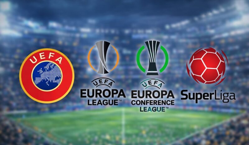 Grafika sa logotipima UEFA, UEFA Europa League, UEFA Europa Conference League i SuperLige na zamućenoj pozadini fudbalskog stadiona, uz naslov „Srbija u evropskim takmičenjima