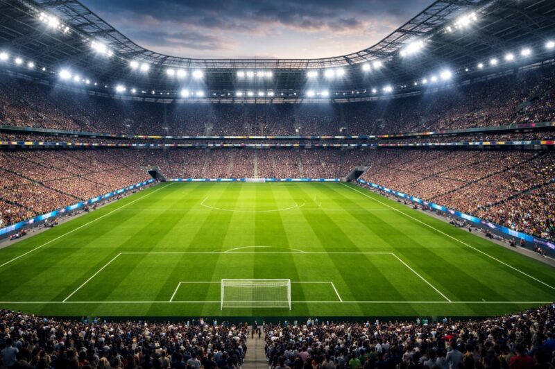 Veliki fudbalski stadion sa zelenim terenom, osvetljen reflektorima, okružen punim tribinama gledalaca u večernjoj atmosferi